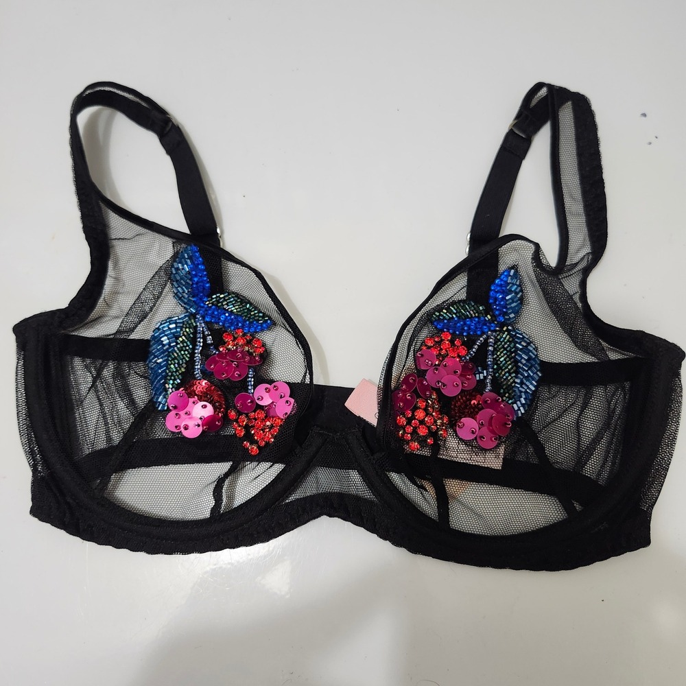 Agent Provocateur Nabina Bra Black Sheer Mesh Beaded Cherry Sequin 32DD New
